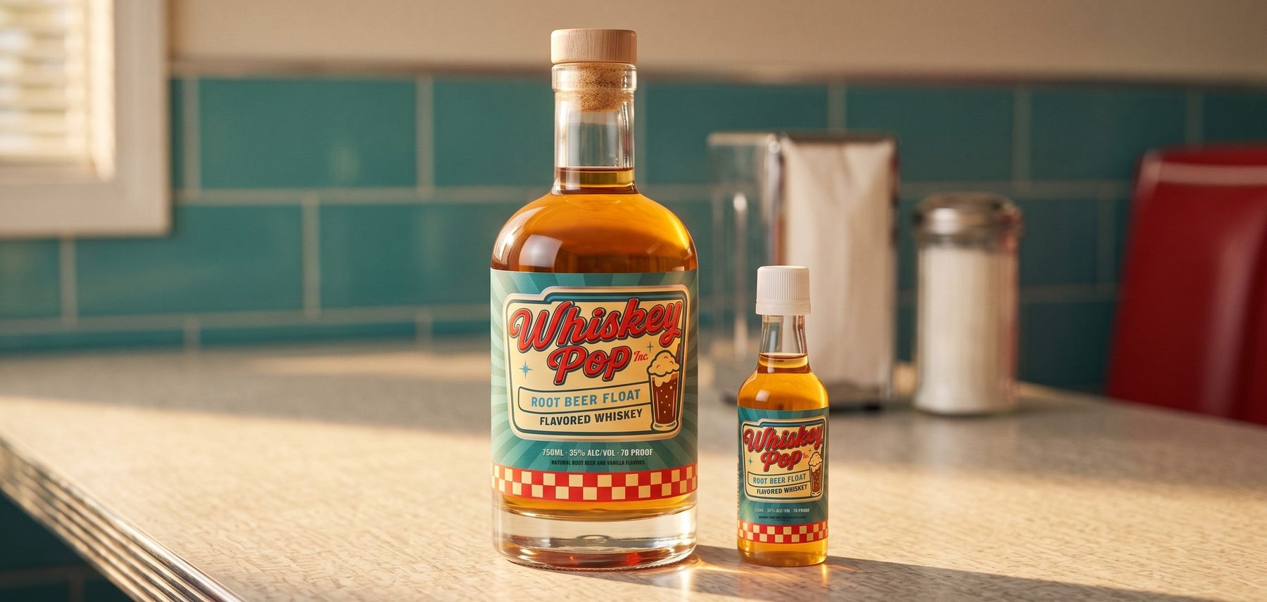 Whiskey Pop 750 ml and 50 ml on a diner counter