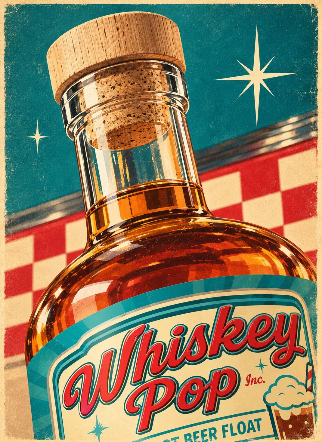 Whiskey Pop Root Beer Float Flavored Whiskey bottle, cork and label