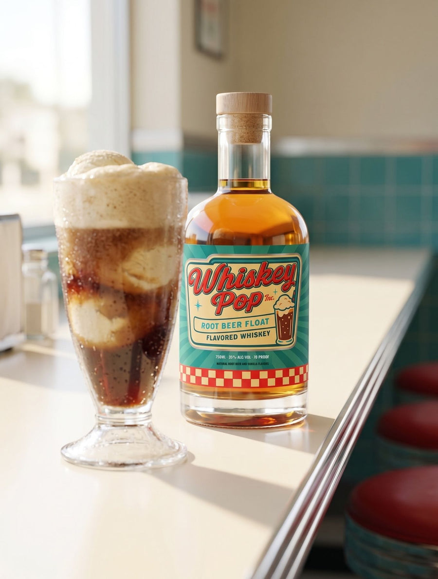 Whiskey Pop served over vanilla ice cream, with the bottle