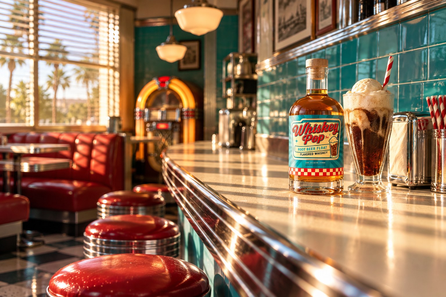 Whiskey Pop bottle and a root beer float on the diner counter, jukebox behind