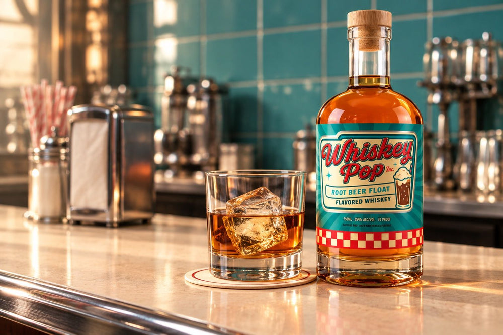 A Whiskey Pop bottle and a rocks glass on the soda fountain counter