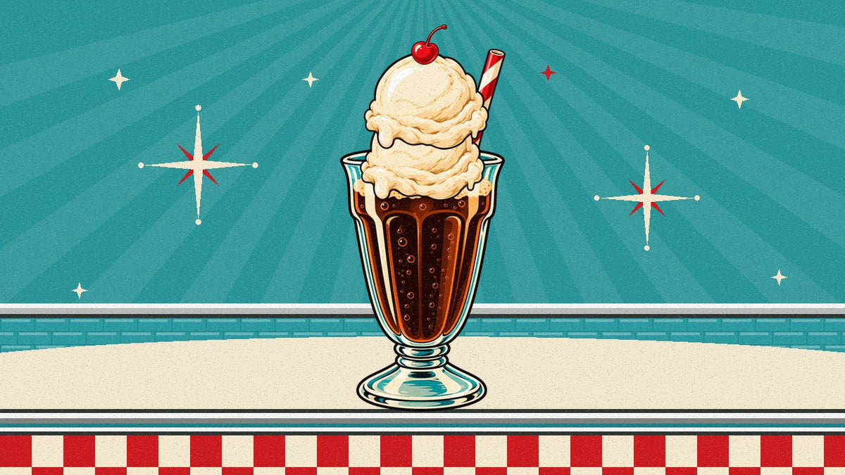 Float Stack: a Whiskey Pop root beer float stacked with scoops of vanilla ice cream and a cherry on top