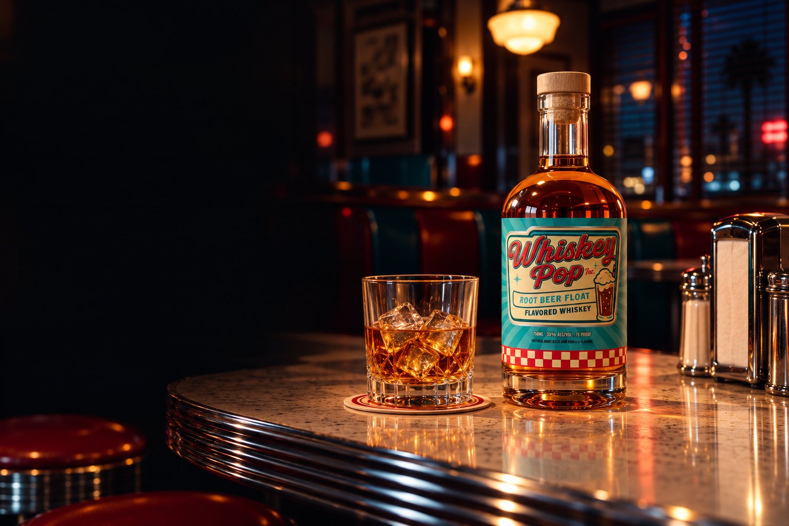 The Whiskey Pop diner and jukebox at night