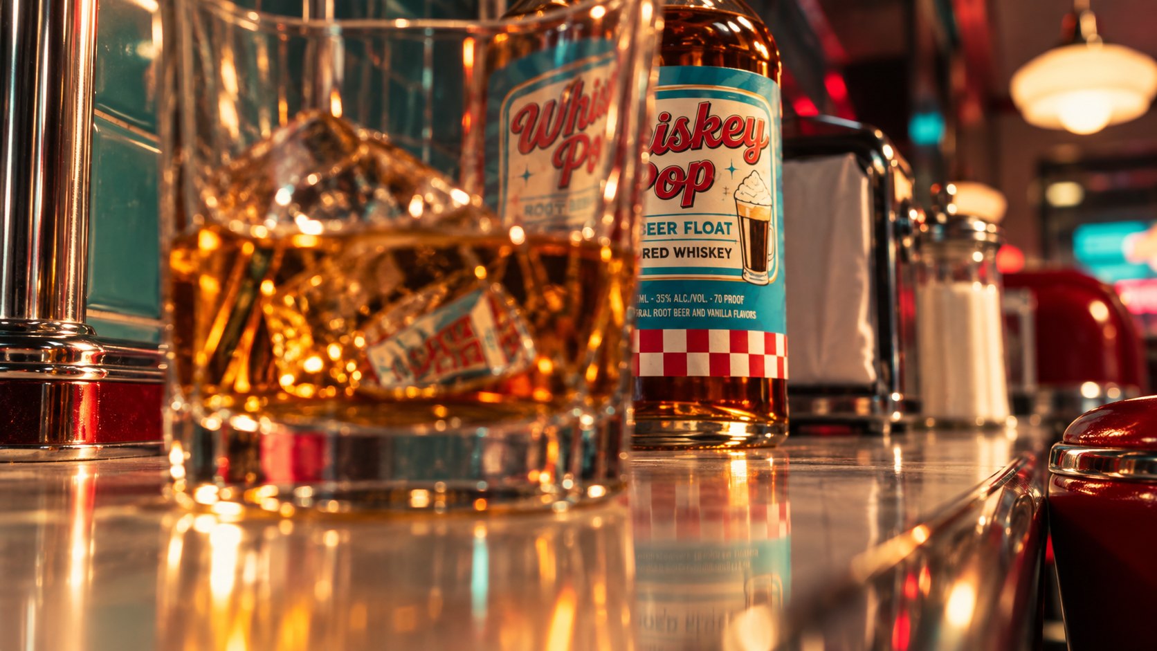 Whiskey Pop bottle and a rocks pour on the diner counter