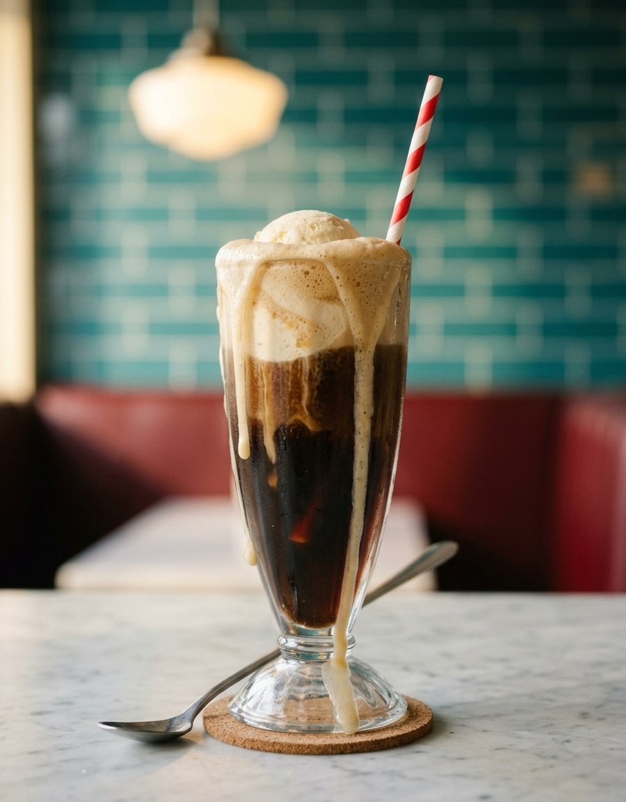 A root beer float in a fountain glass with a striped straw at the Whiskey Pop diner